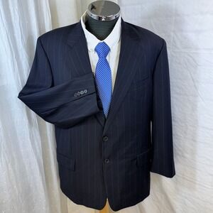 Hickey Freeman Loro Piana Tasmanian Wool‎ 120s Blazer Dark Navy Pinstriped 44R
